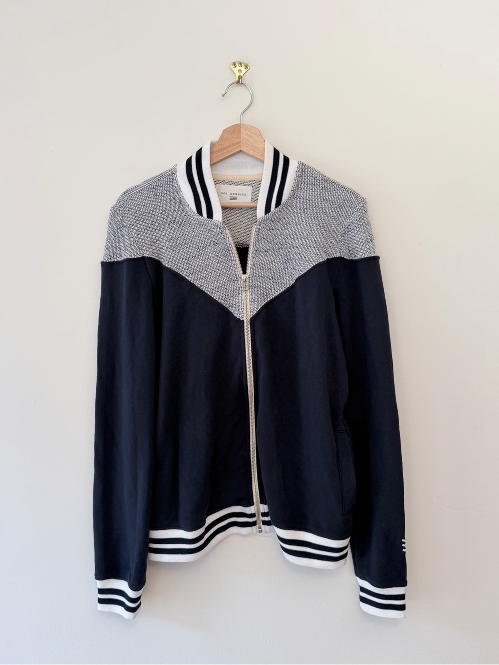 Sol Angeles anthropologie Navy White Varsity Zip Sweater, Knit-Trim - L